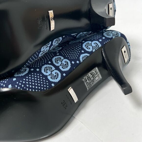 Gucci GG Knit Knee High Demi Boots Heels Blue 36.5 / 6.5 - Picture 7 of 9